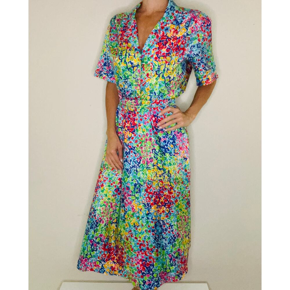 1980s Vintage 2 Piece Skirt Set Button Down Blouse Midid Skirt Bold Floral 10 JL